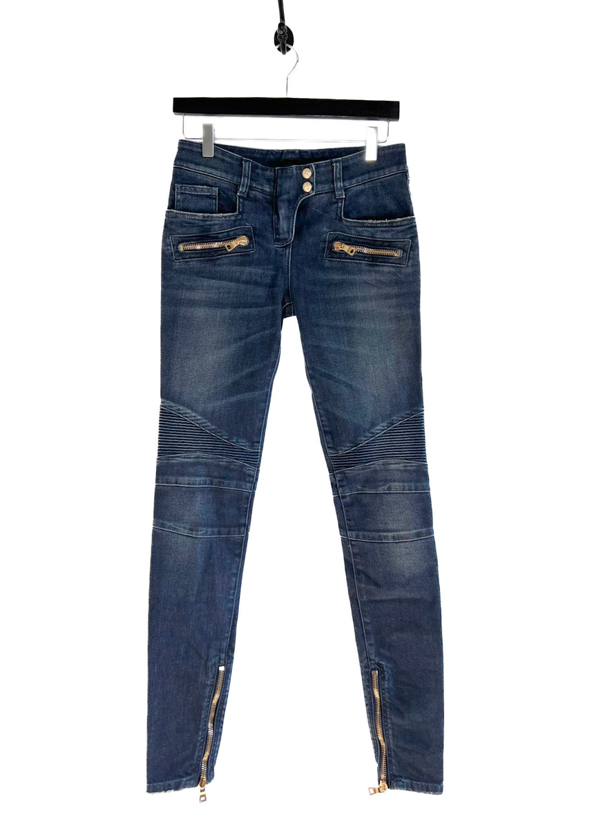 Balmain Washed Indigo Blue Biker Skinny Jeans