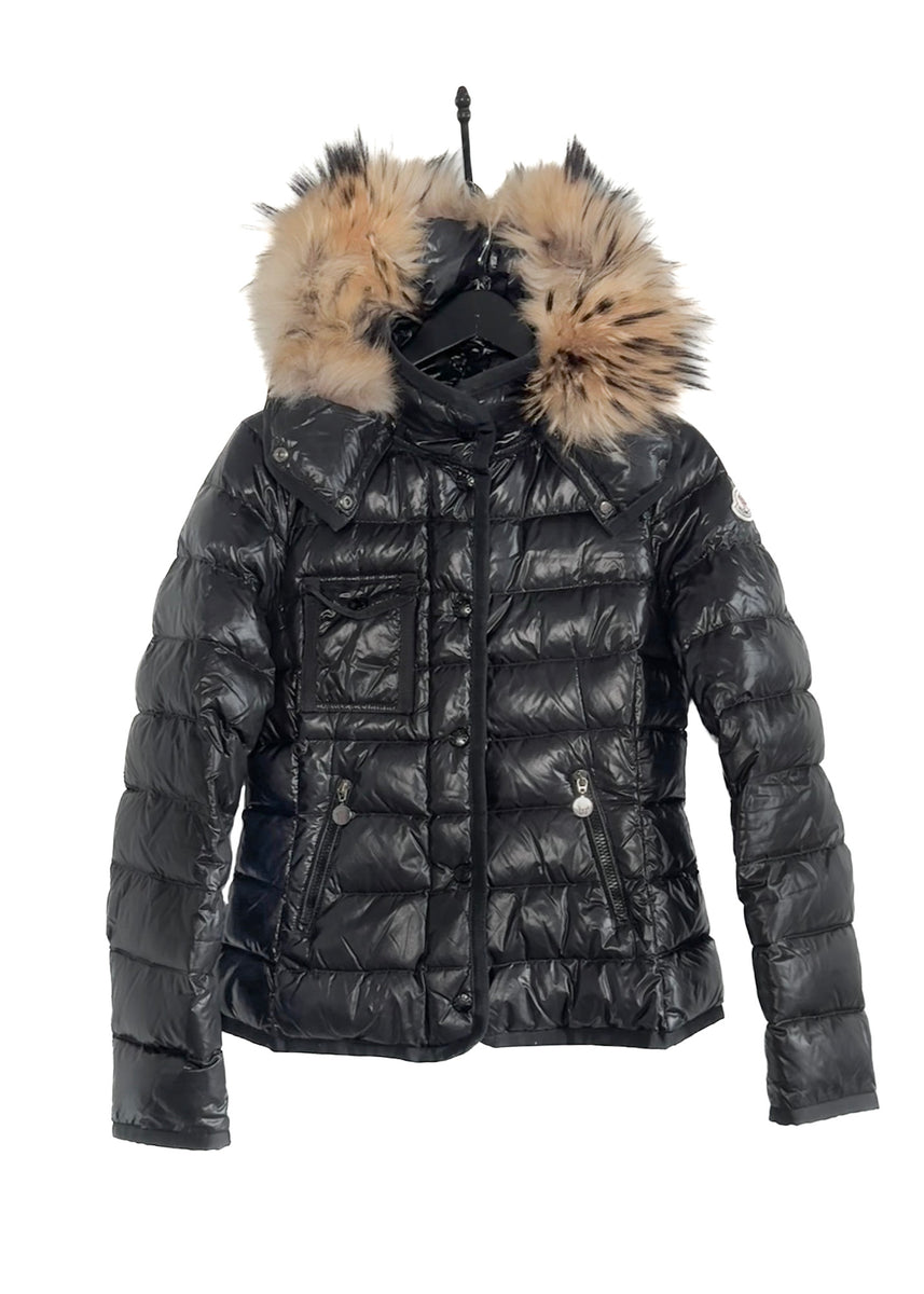 Moncler Black Armoise Shiny Down Fur Trim Coat Boutique LUC.S