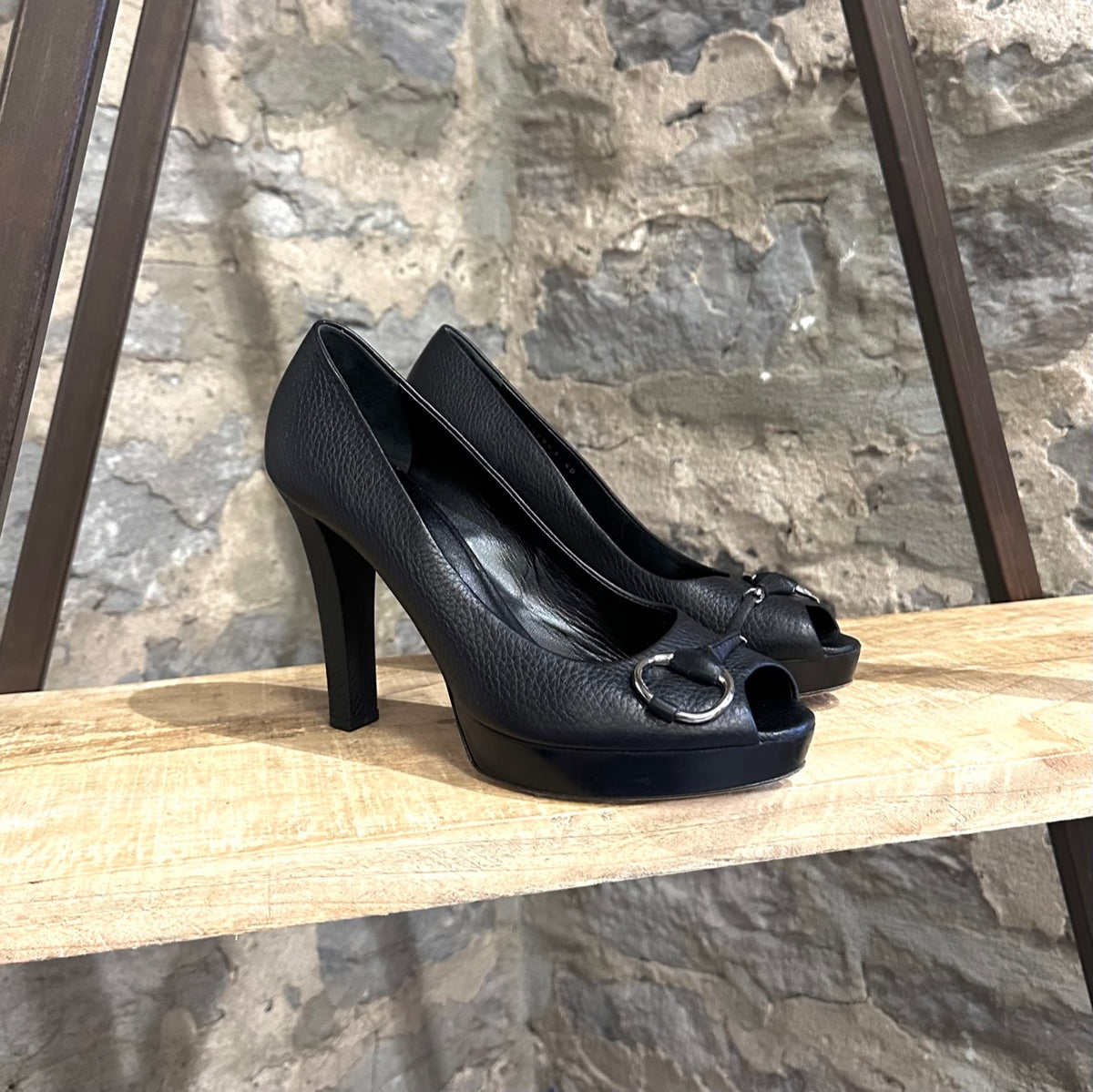 Gucci Black Platform Silver Accent Opened Toe Pumps