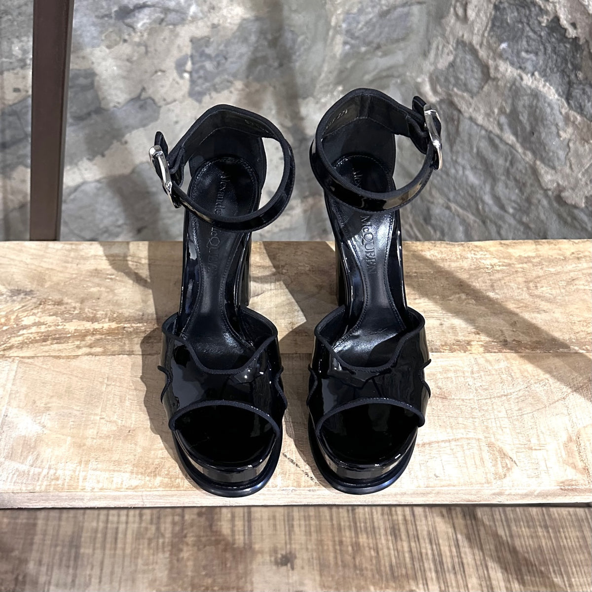 Alexander McQueen Black Patent Butterfly Ankle Strap Platform