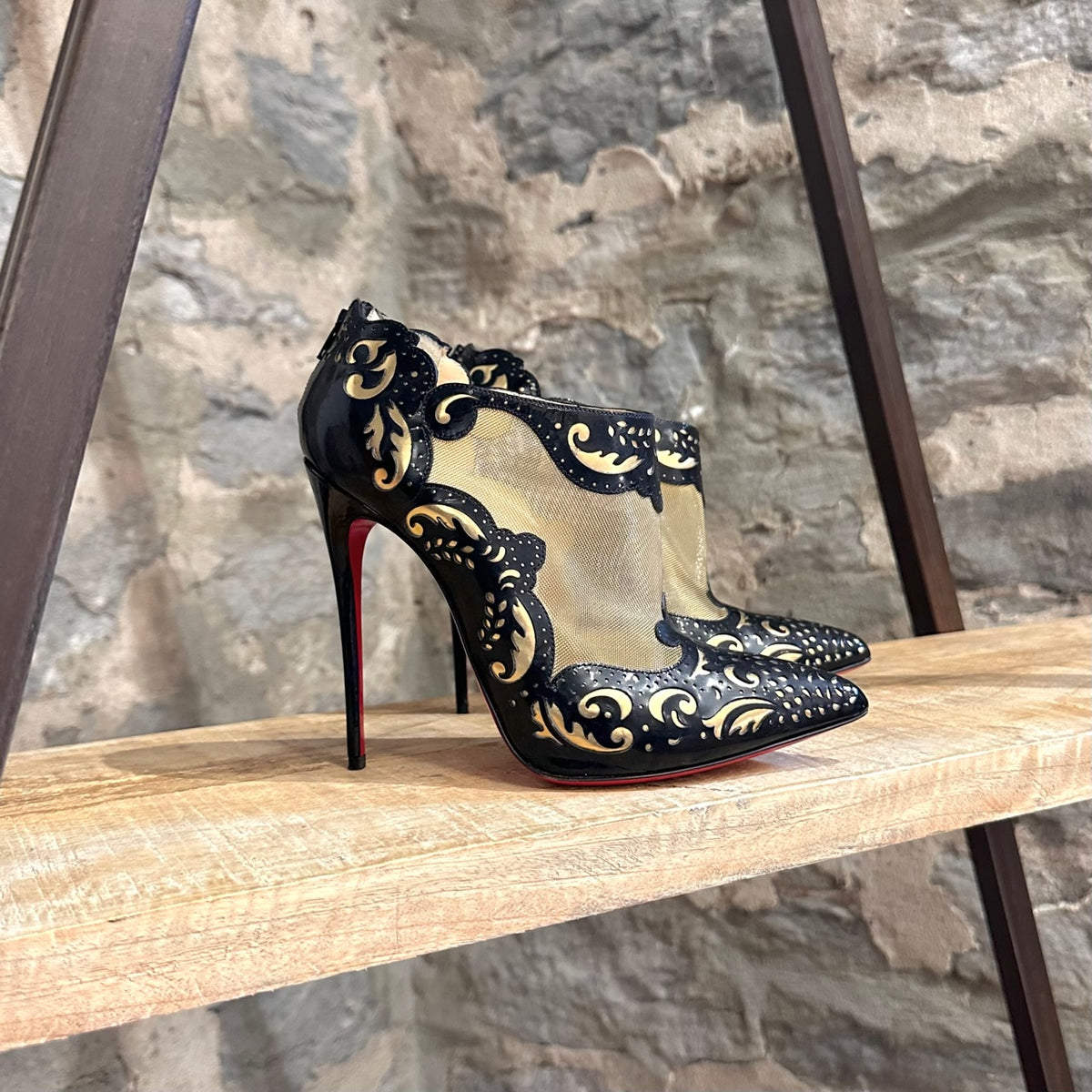 Christian Louboutin Mandolina 120 Black Laser Cut Gold Mesh Heeled Boo Boutique LUC.S