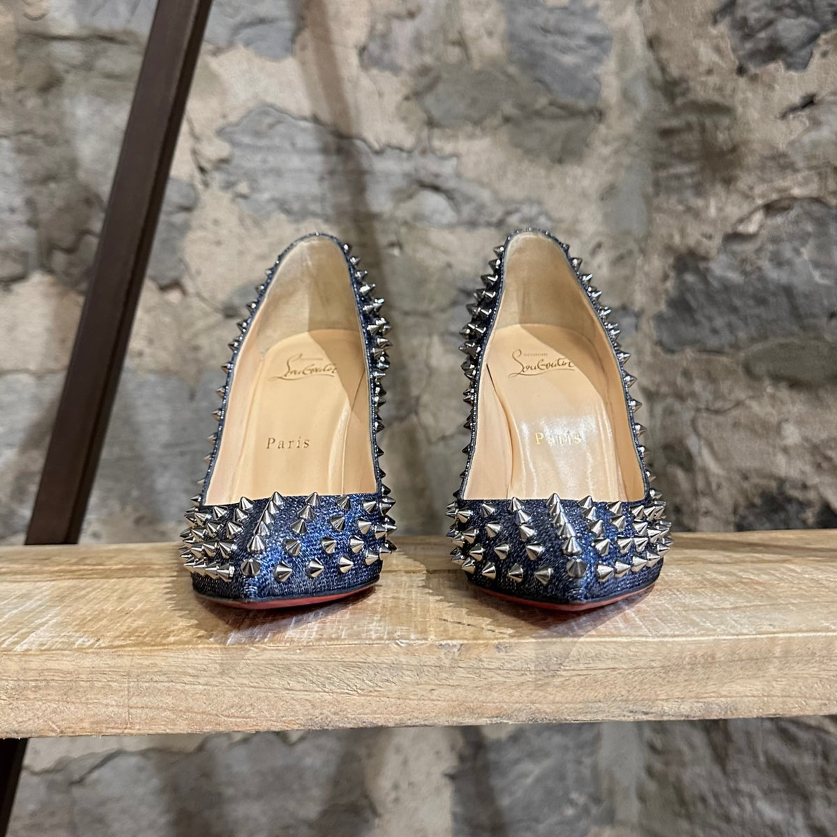 Christian Louboutin Blue Denim Lurex Follies Spikes Pumps Boutique LUC.S