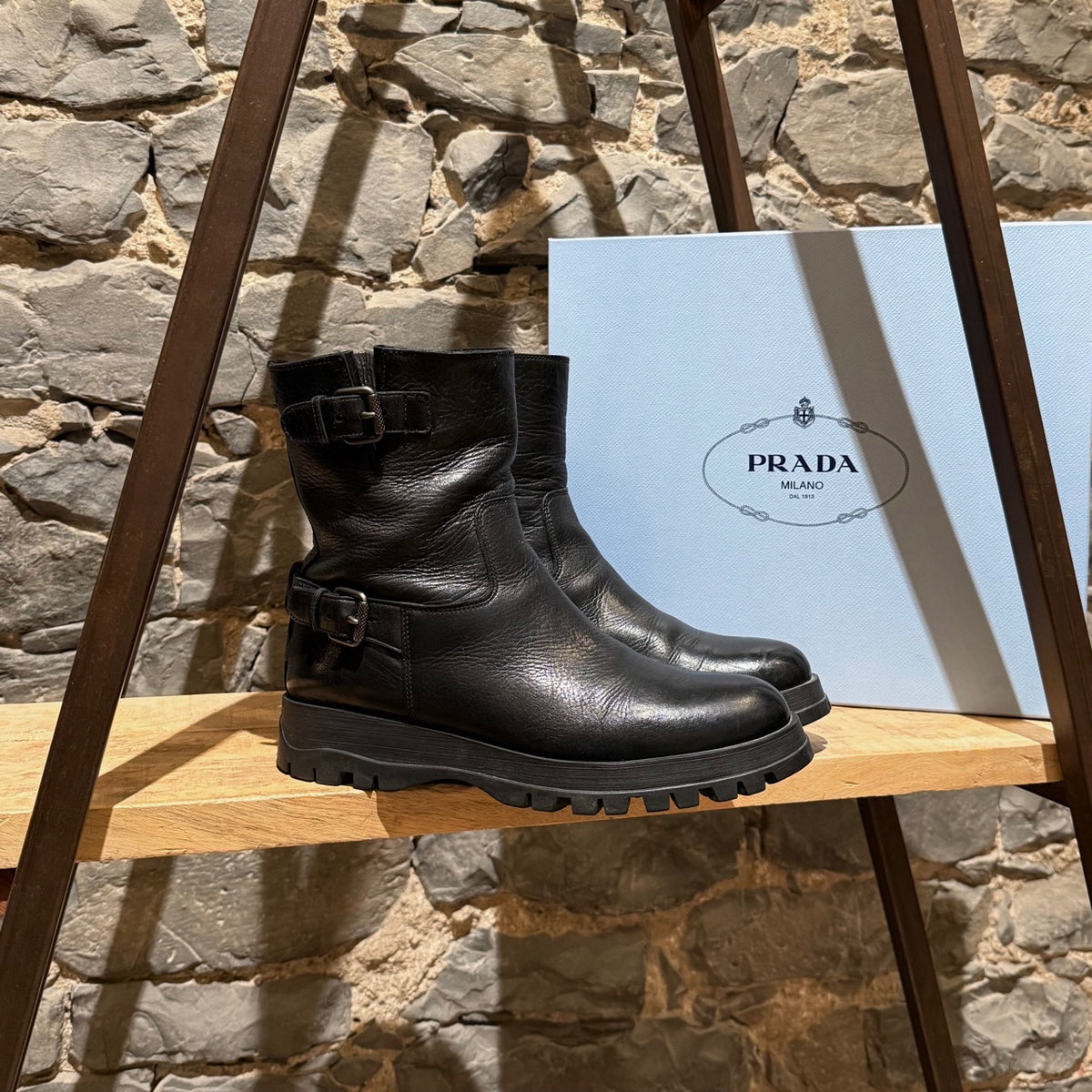 Prada Black Leather Buckled Moto Boots – Boutique