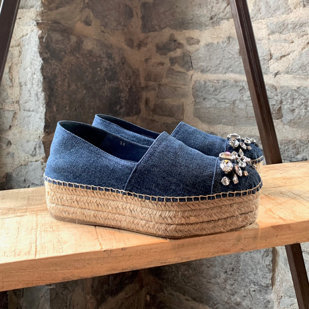 Miu Miu Crytal Embellished Denim Platform Espadrilles – Boutique LUC.S