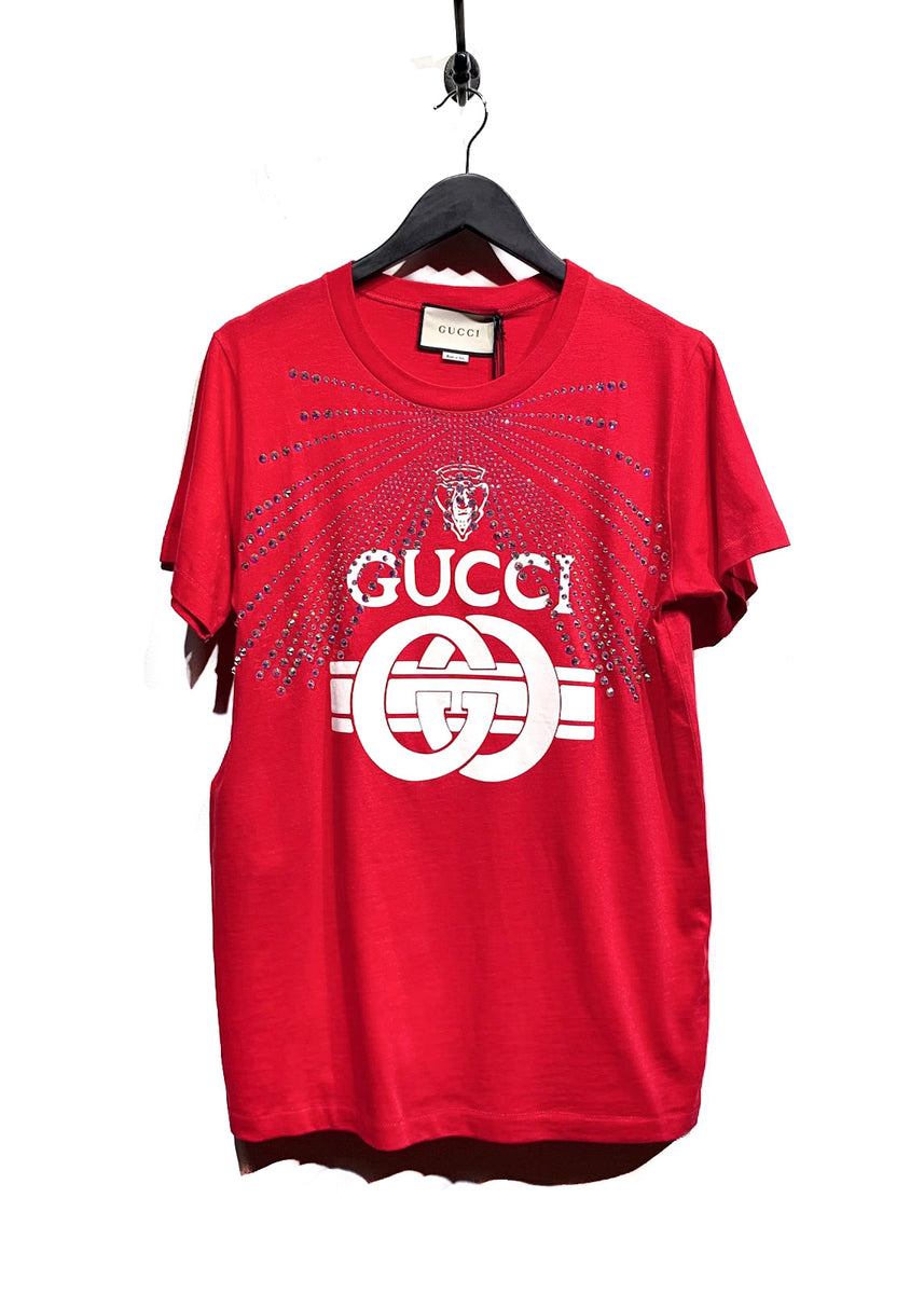 Gucci 2019 Red Logo Graphic Print Swarovski T-shirt – Boutique LUC.S