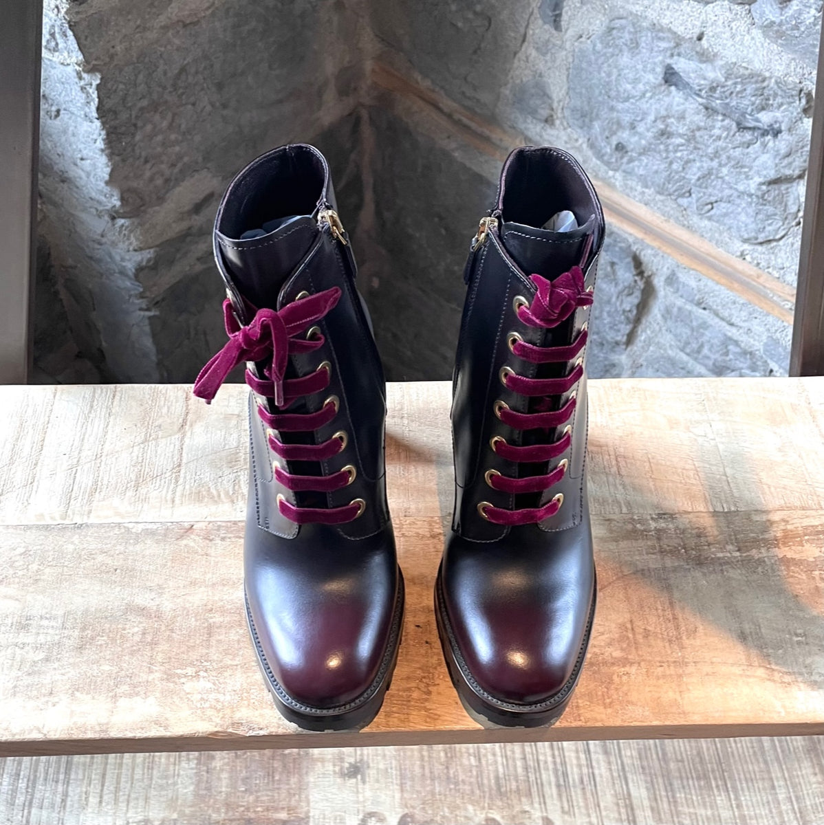 Prada Burgundy Cordovan Leather Lace up Heeled Boots Boutique LUC.S