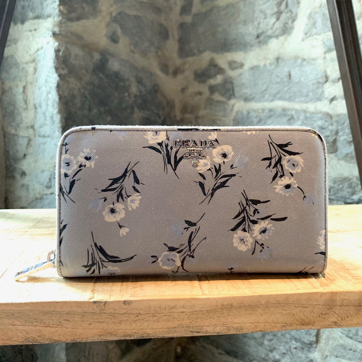 Prada St. Grey Saffiano Floral Print Leather Continental Wallet