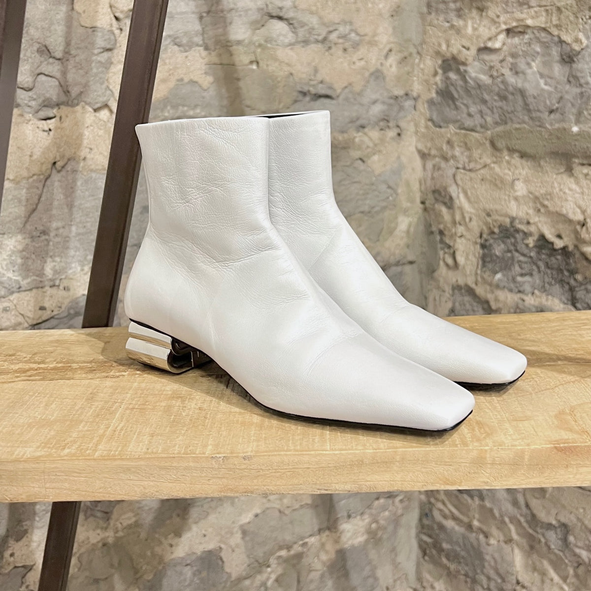 Balenciaga White Leather Typo BB Heels Leather Boots Boutique LUC.S