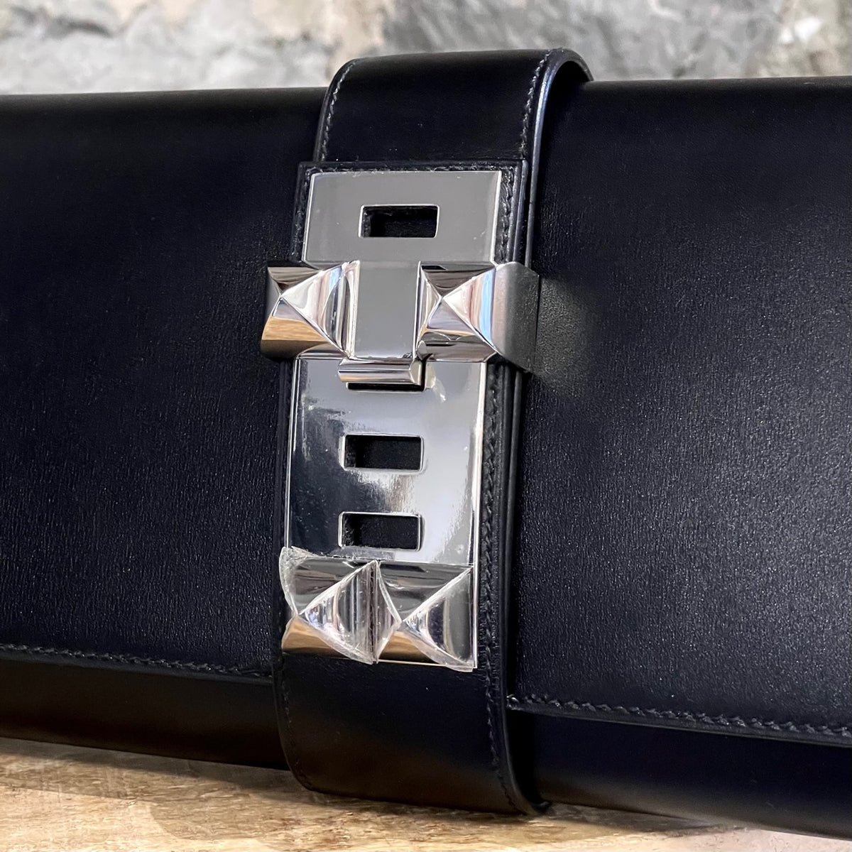 Hermes Metallic Black Box Leather Medor 29 Clutch Hermes