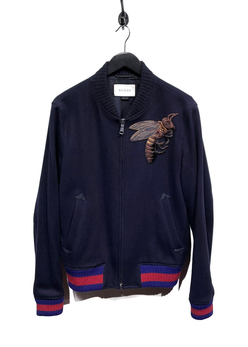 Gucci Navy Blue Bee Embroidered Wool Bomber Jacket Boutique LUC.S