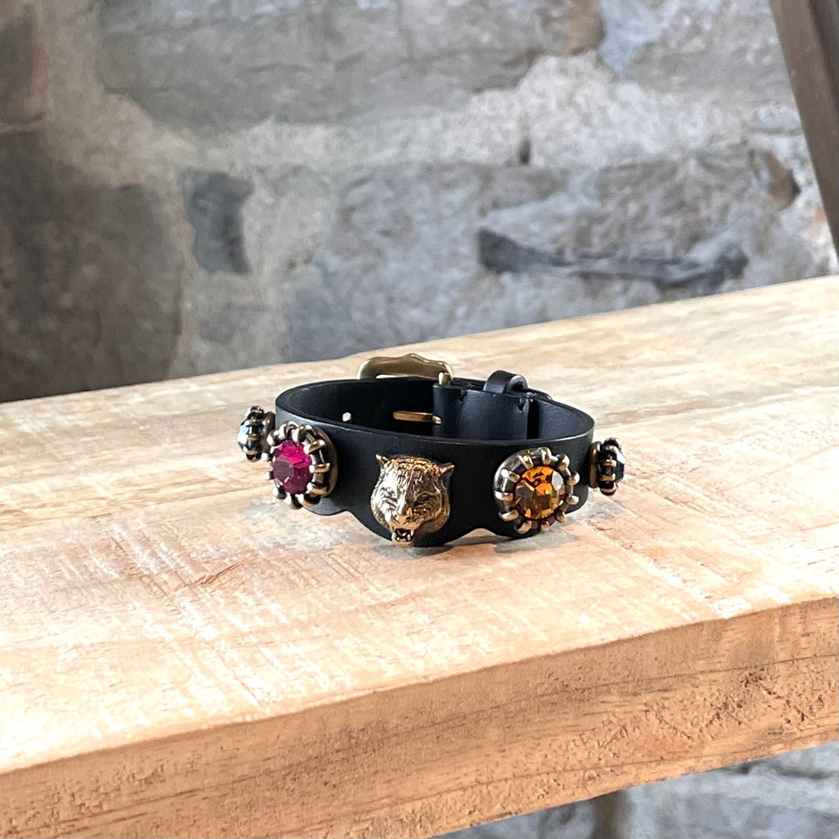 Gucci Metal Studded Feline Head Bracelet in Aged Gold