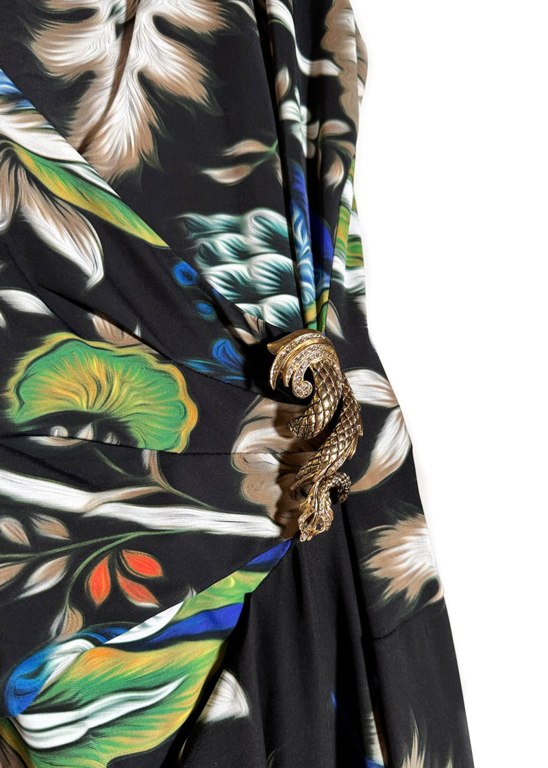 Roberto Cavalli Black Floral Feather Print Gown