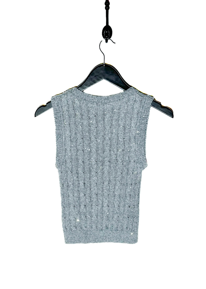 Brunello Cucinelli Grey Sequined Cable Knit Vest Top