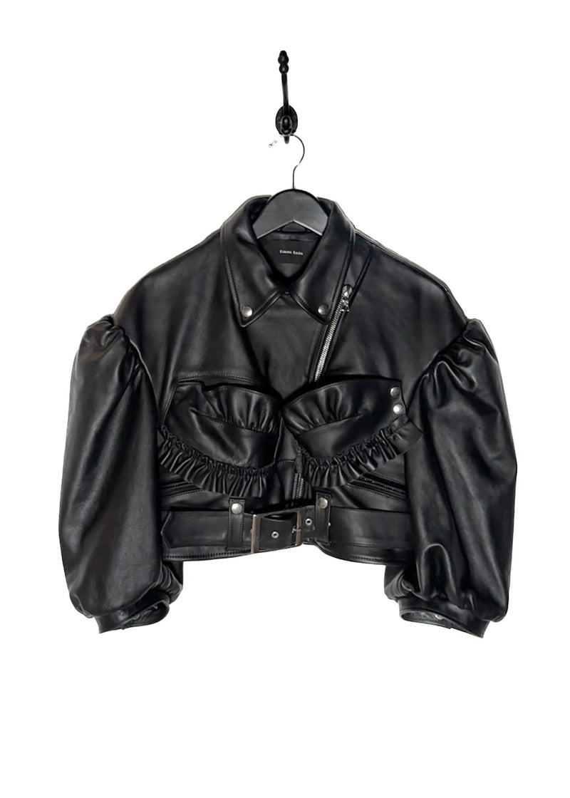 Manteau motard court en cuir de vachette noir Simone Rocha