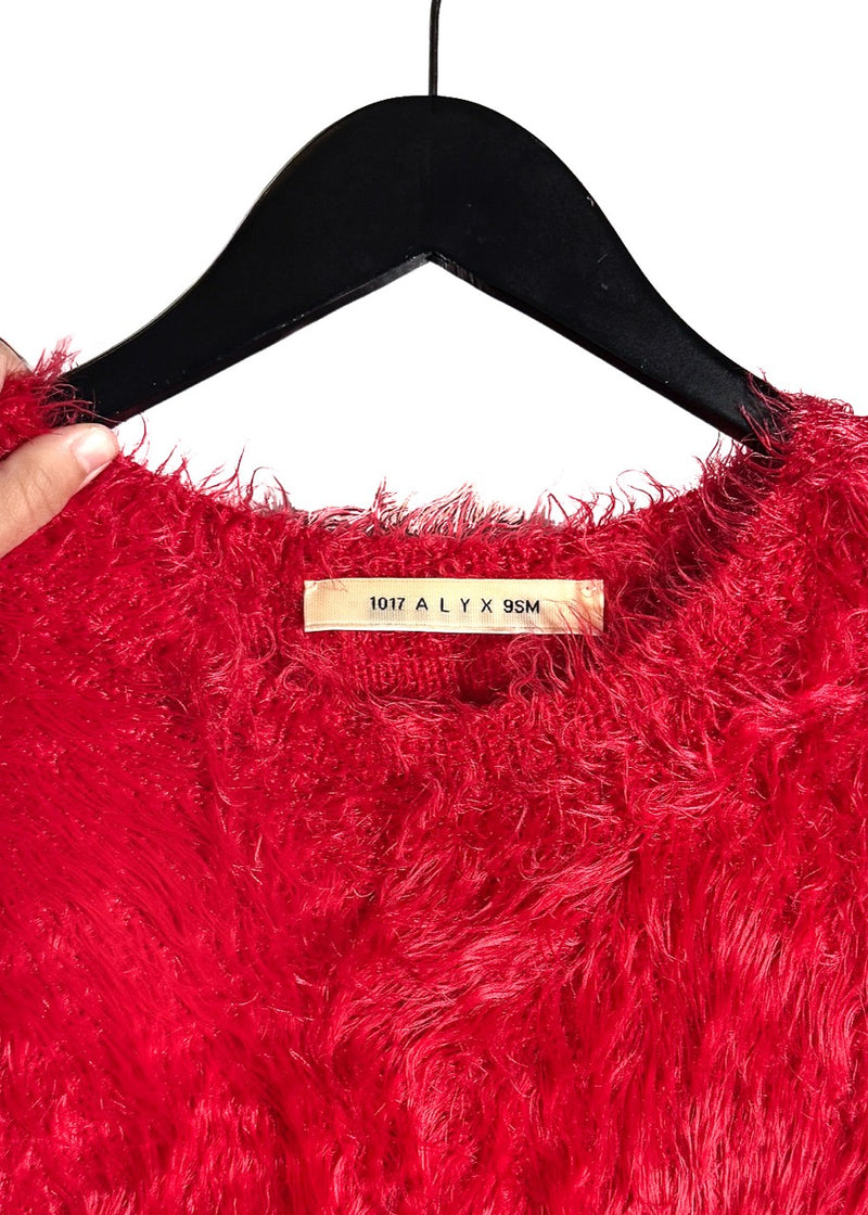 Collar area of 1017 ALYX 9SM Red Feather Mohair Knit Sweater
