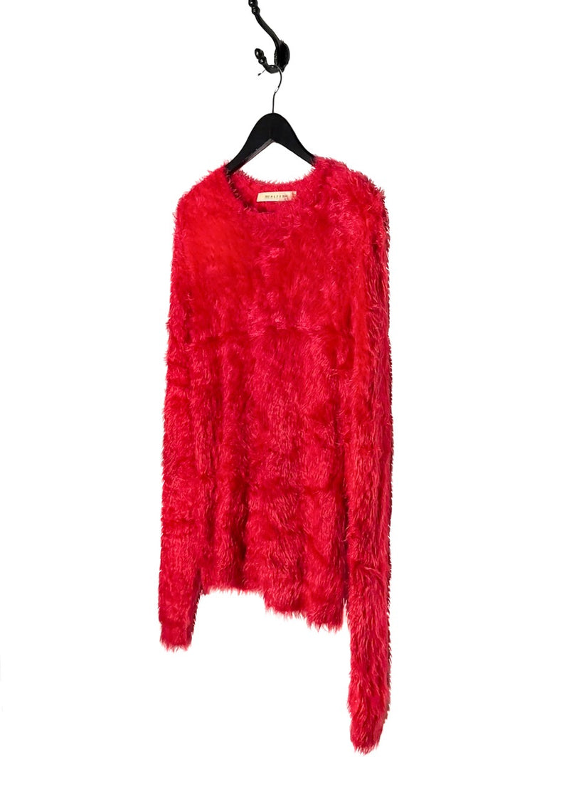 Side front view of 1017 ALYX 9SM Red Feather Mohair Knit Sweater