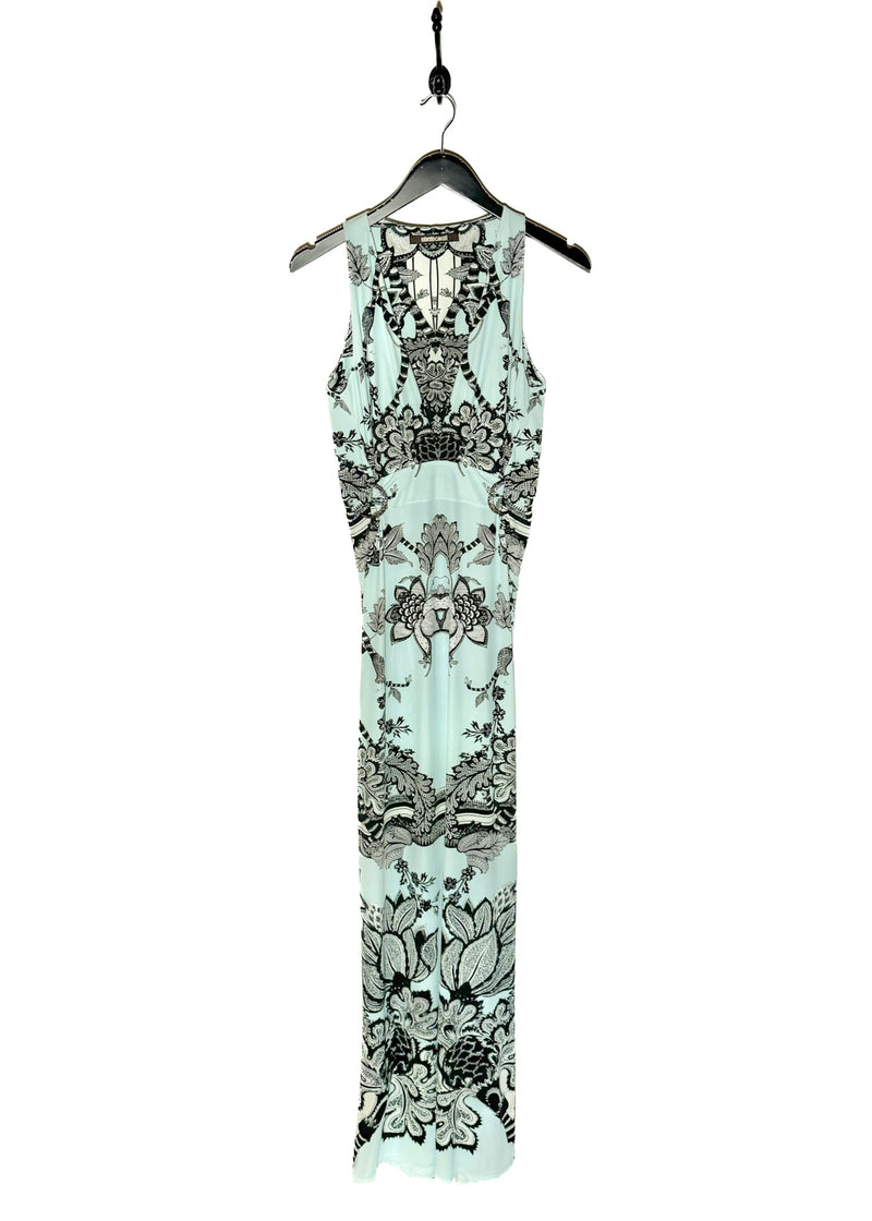 Roberto Cavalli Turquoise Black Floral Print Gown