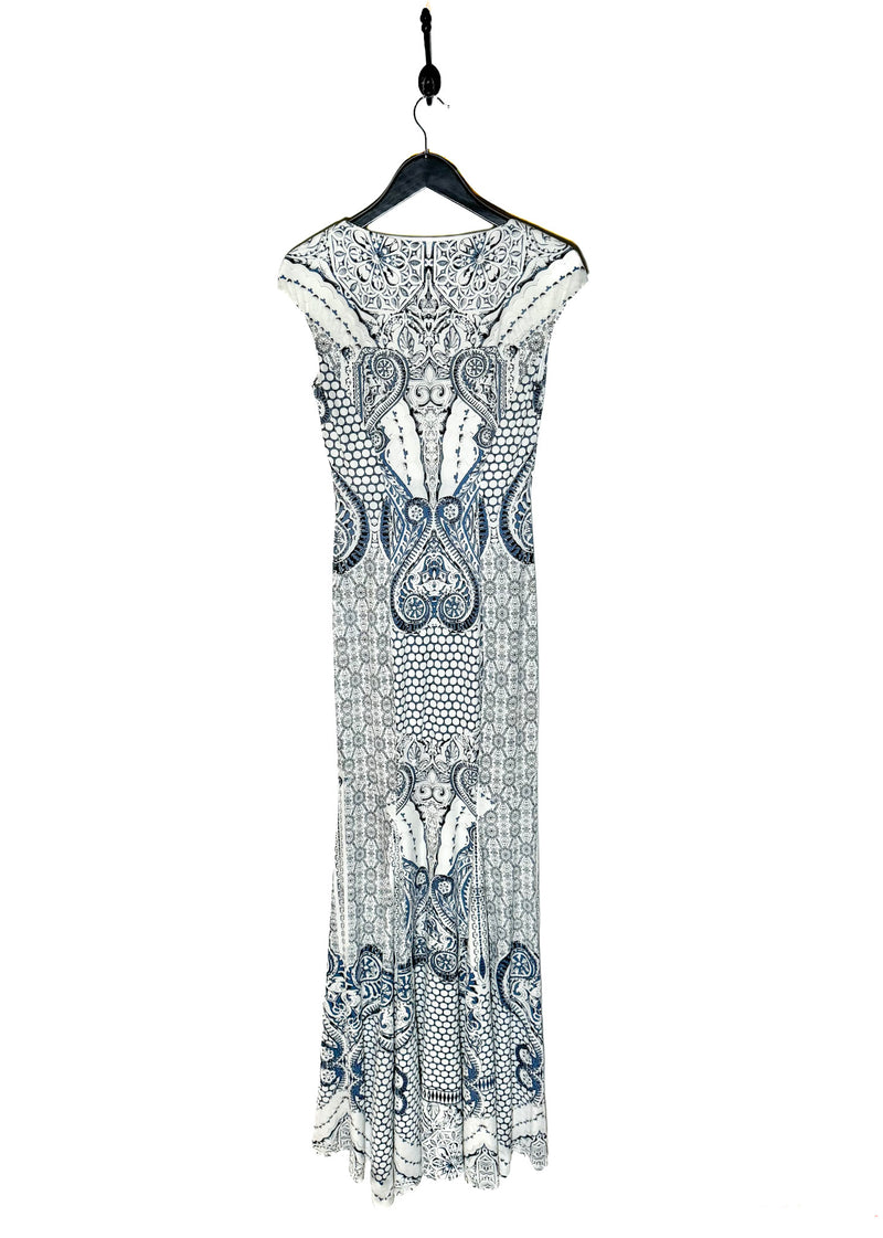 Roberto Cavalli White Blue Graphic Print Gown