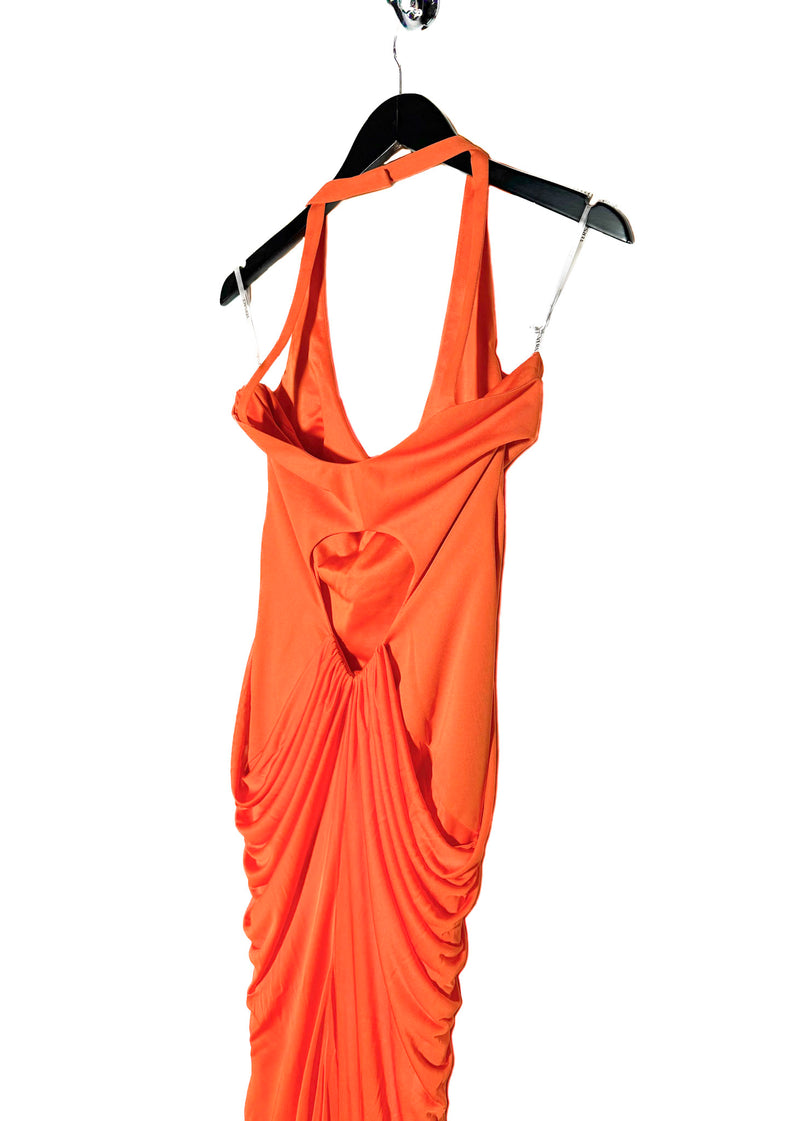 Robe de soirée orange à licou du défilé Versace 2007