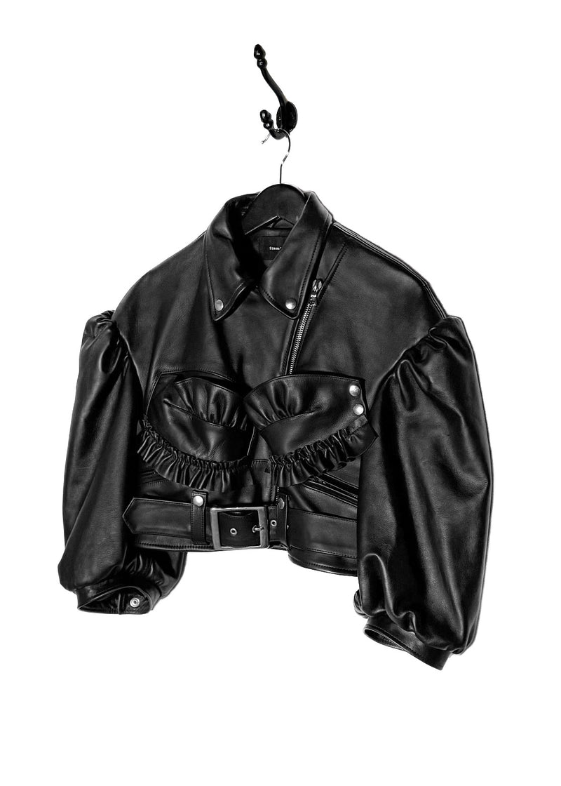 Simone Rocha Black Leather Ruffle Accent Cropped Biker Jacket