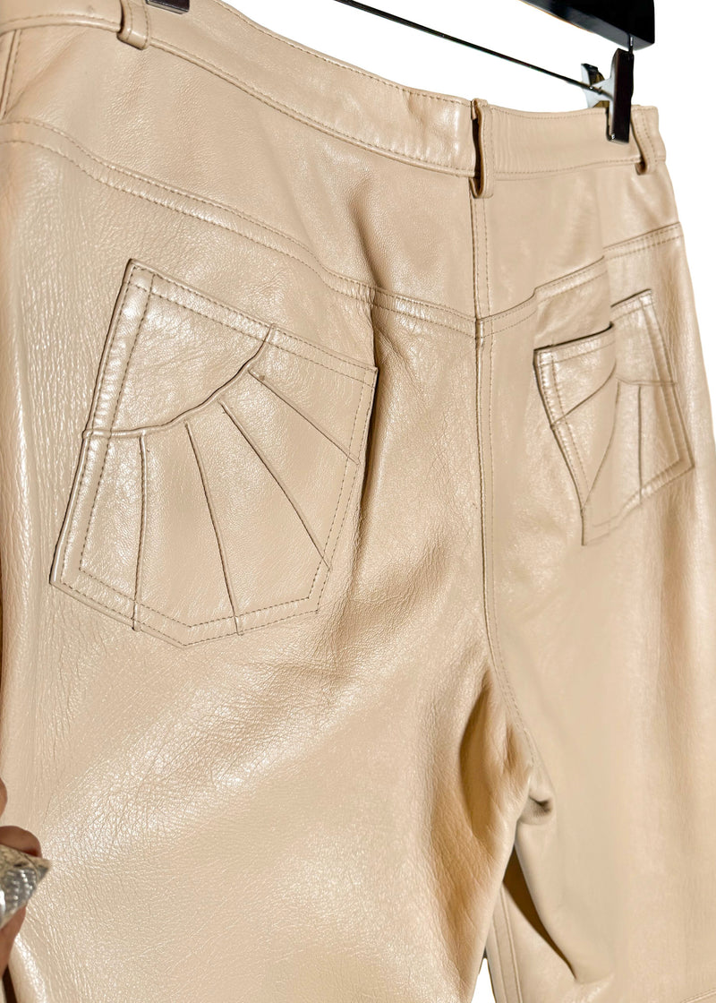 Pantalon en cuir beige avec poches cousues vintage Marc Jacobs