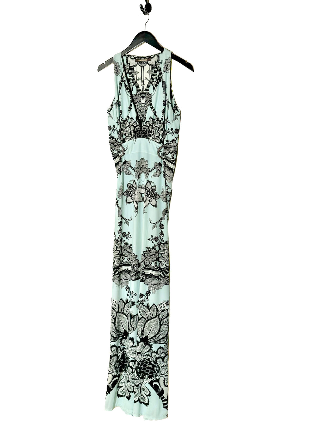 Roberto Cavalli Turquoise Black Floral Print Gown