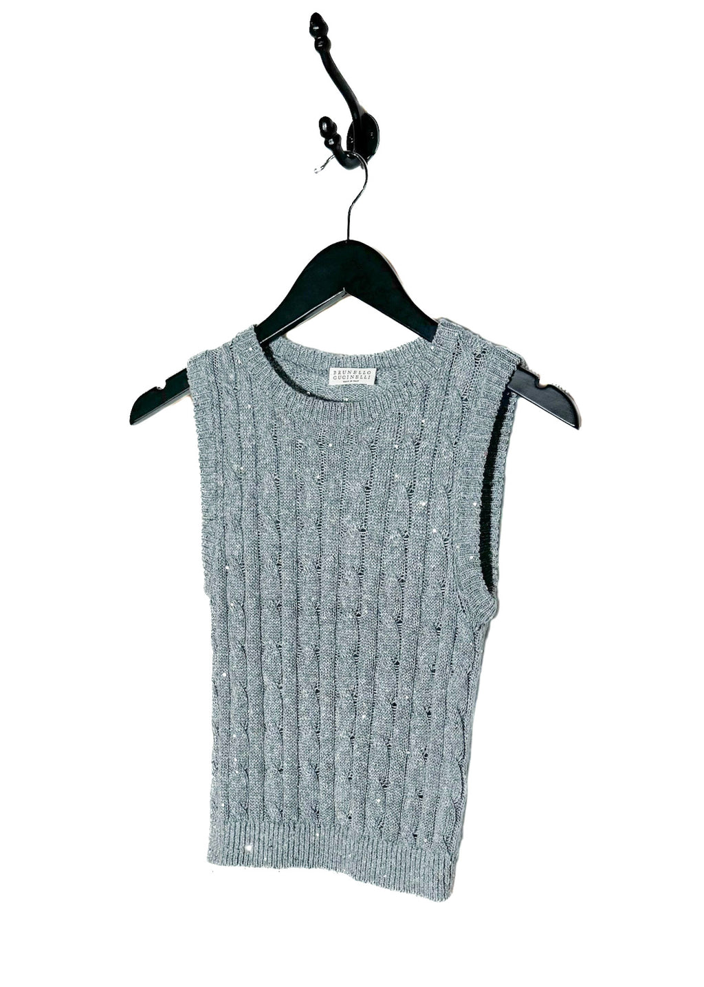 Brunello Cucinelli Grey Sequined Cable Knit Vest Top