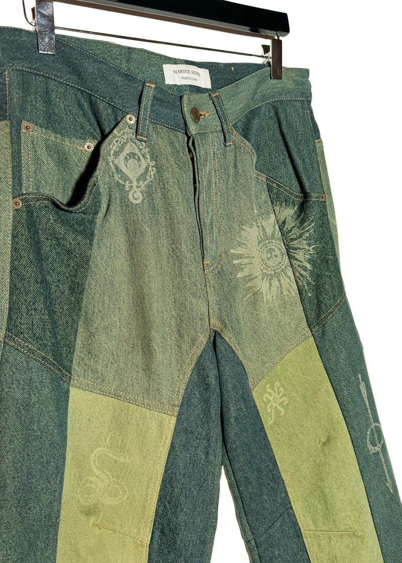 Marine Serre Petrichor Blue Patchwork Printed Denim Jeans