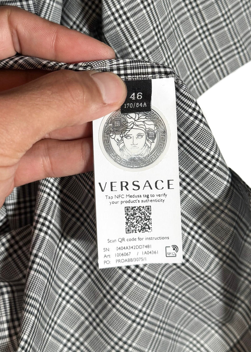 Versace Grey Checkered Logo Print Short Sleeves Shirt