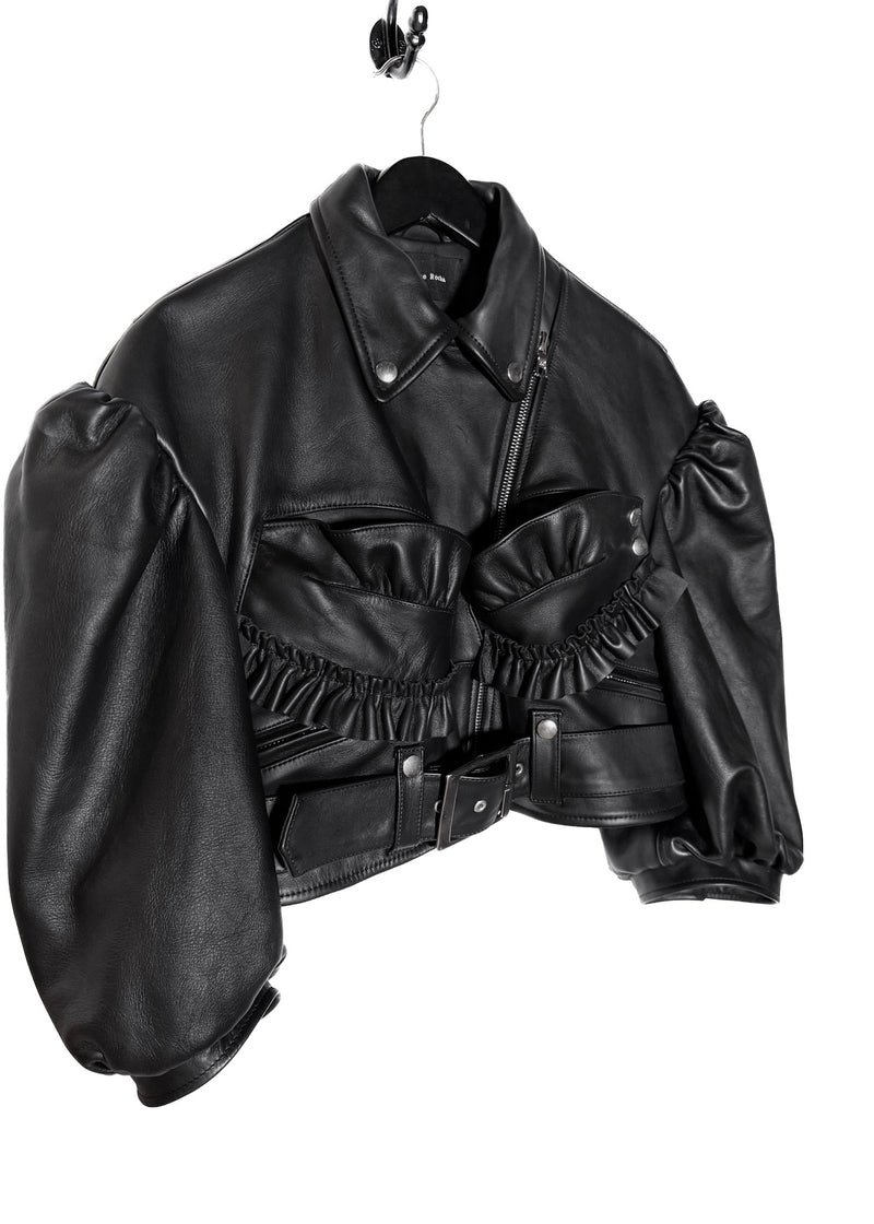 Manteau motard court en cuir de vachette noir Simone Rocha