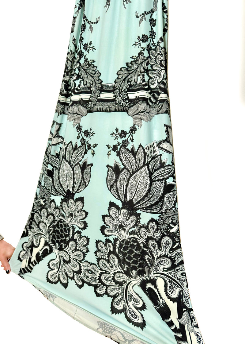 Roberto Cavalli Turquoise Black Floral Print Gown