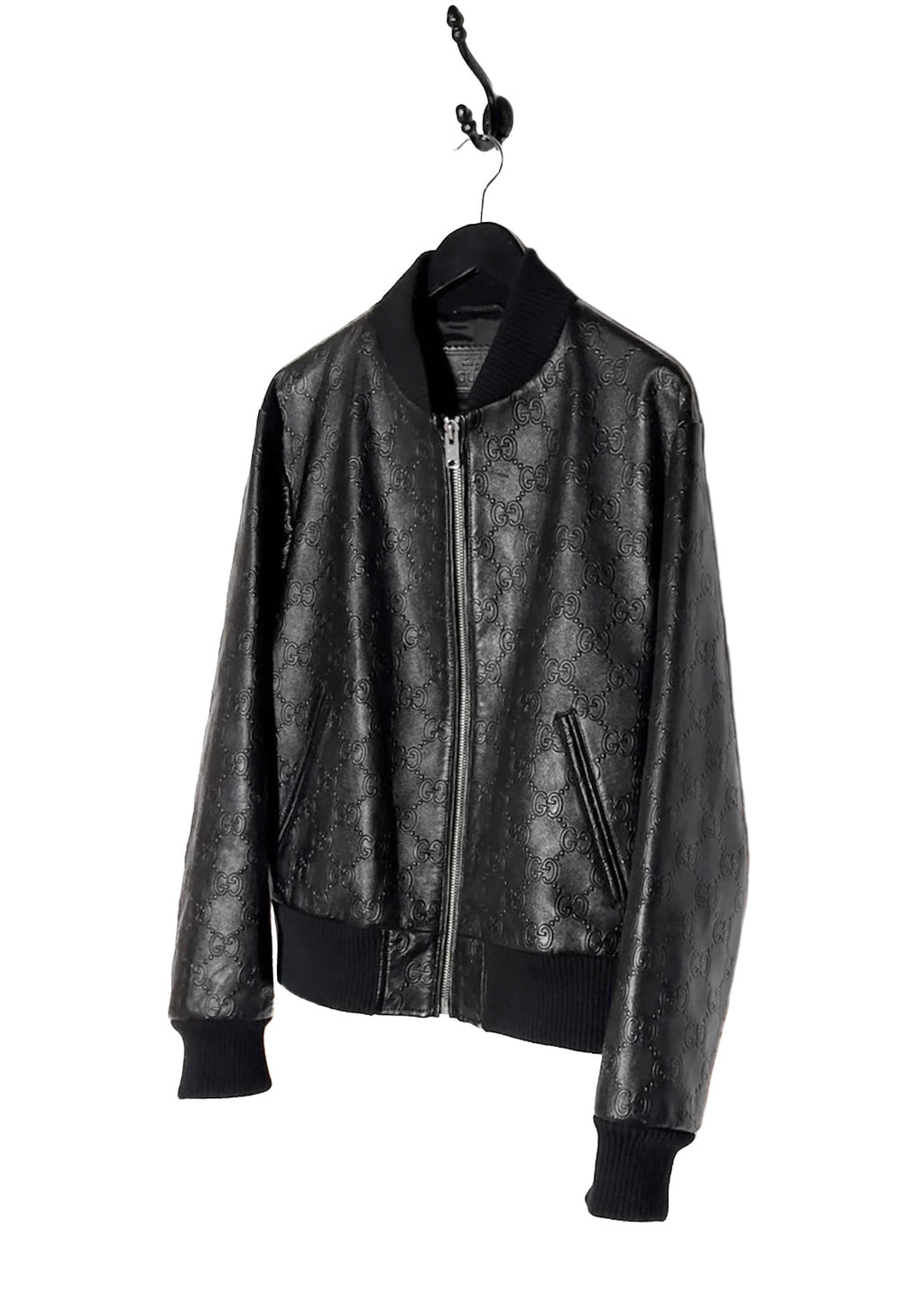 Blouson aviateur en cuir gaufré noir GG Gucci