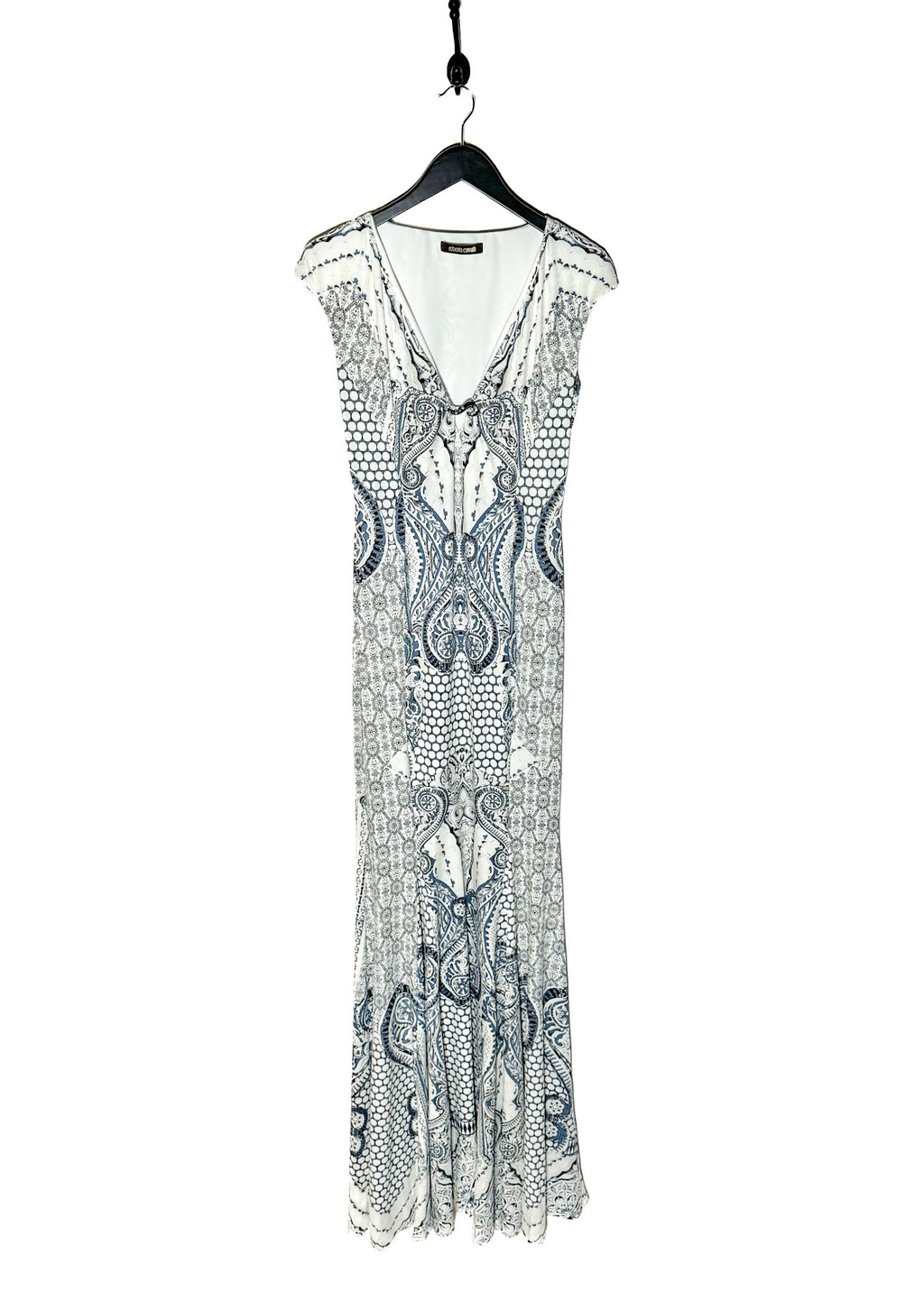 Roberto Cavalli White Blue Graphic Print Gown