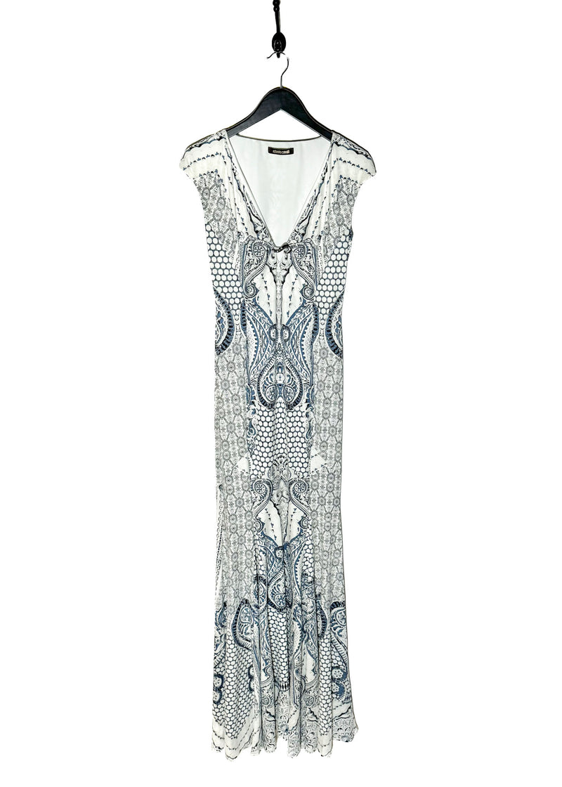 Robe à imprimé graphique blanc et bleu Roberto Cavalli