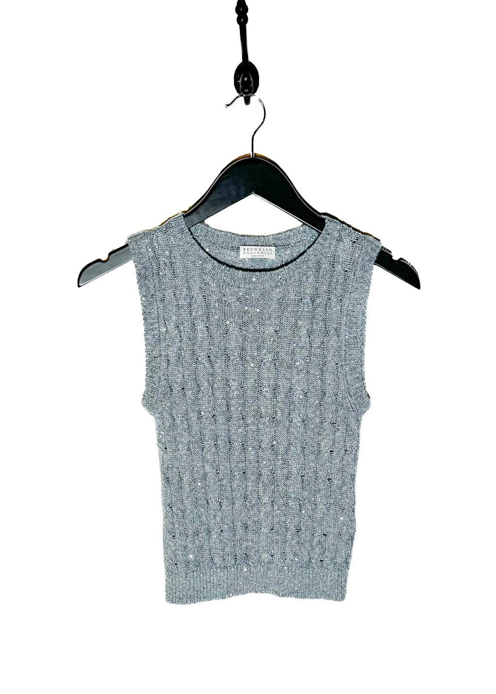 Brunello Cucinelli Grey Sequined Cable Knit Vest Top