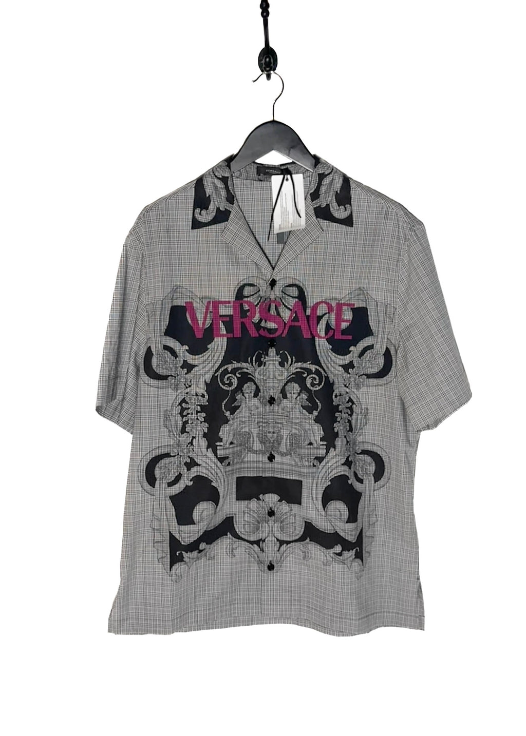 Chemise à manches courtes à imprimé logo à carreaux gris Versace