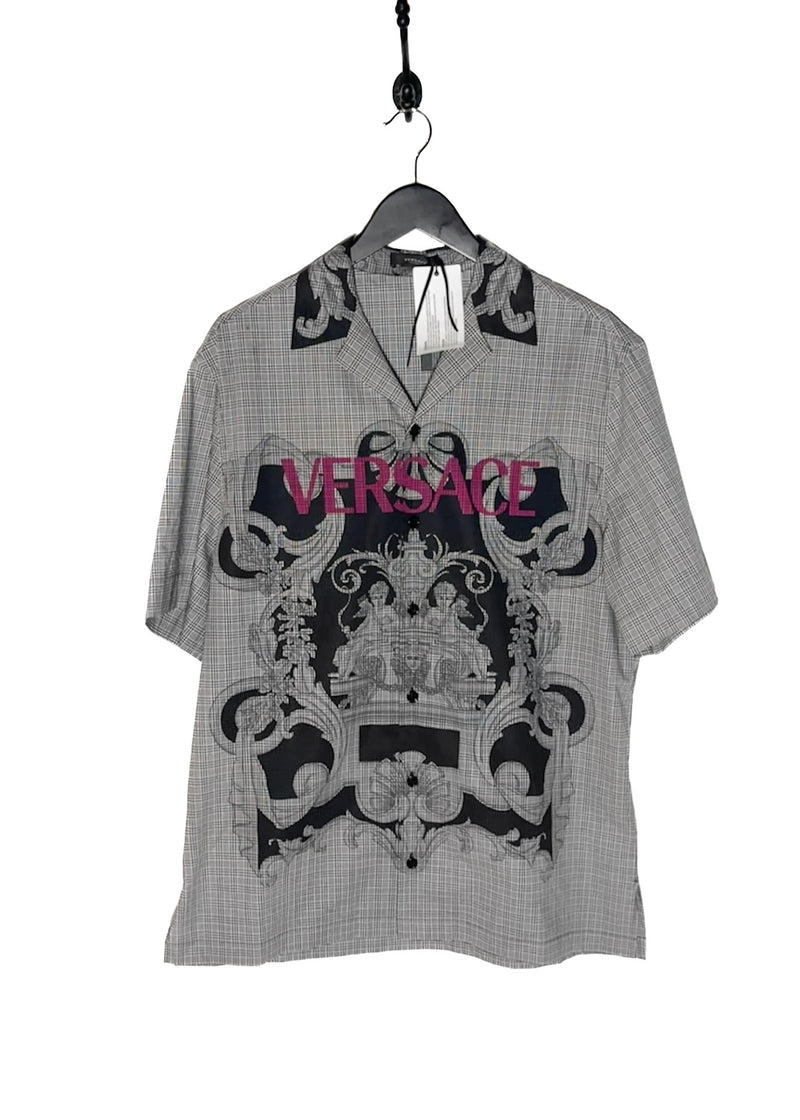 Versace Grey Checkered Logo Print Short Sleeves Shirt