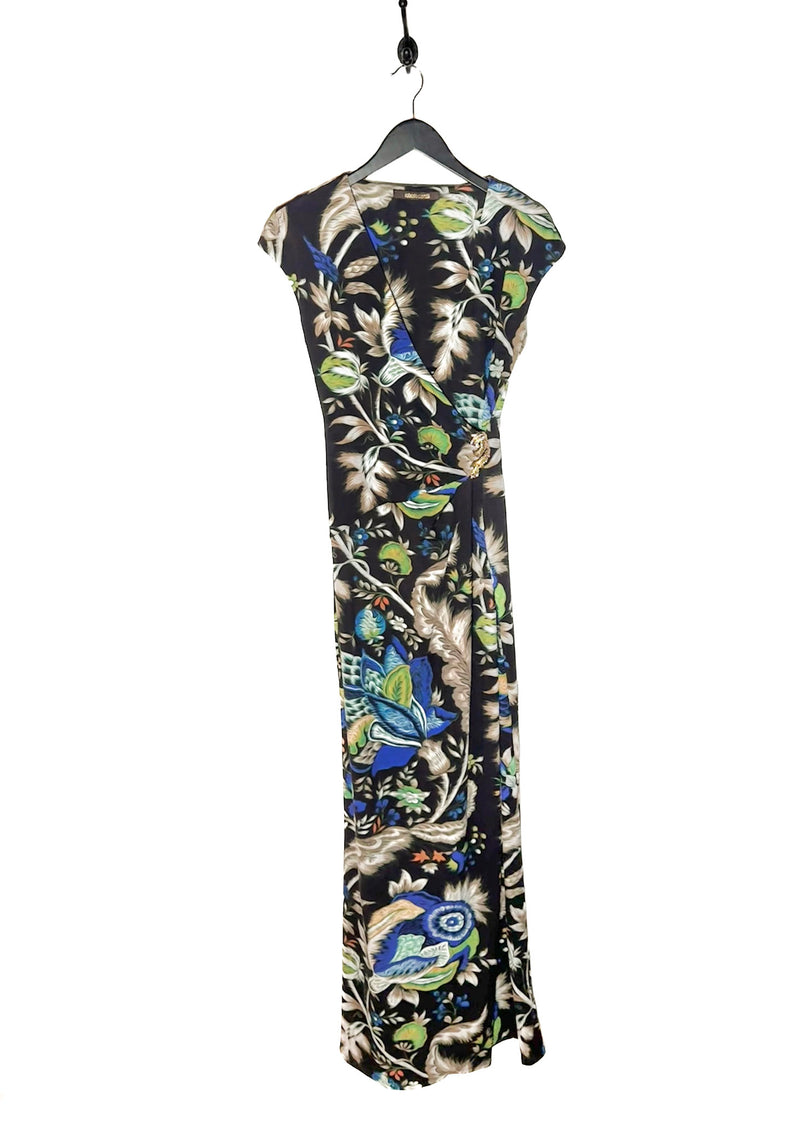 Roberto Cavalli Black Floral Feather Print Gown