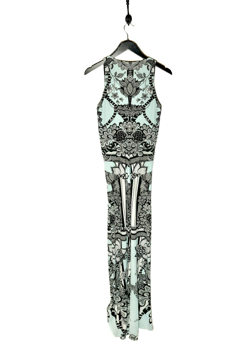 Roberto Cavalli Turquoise Black Floral Print Gown