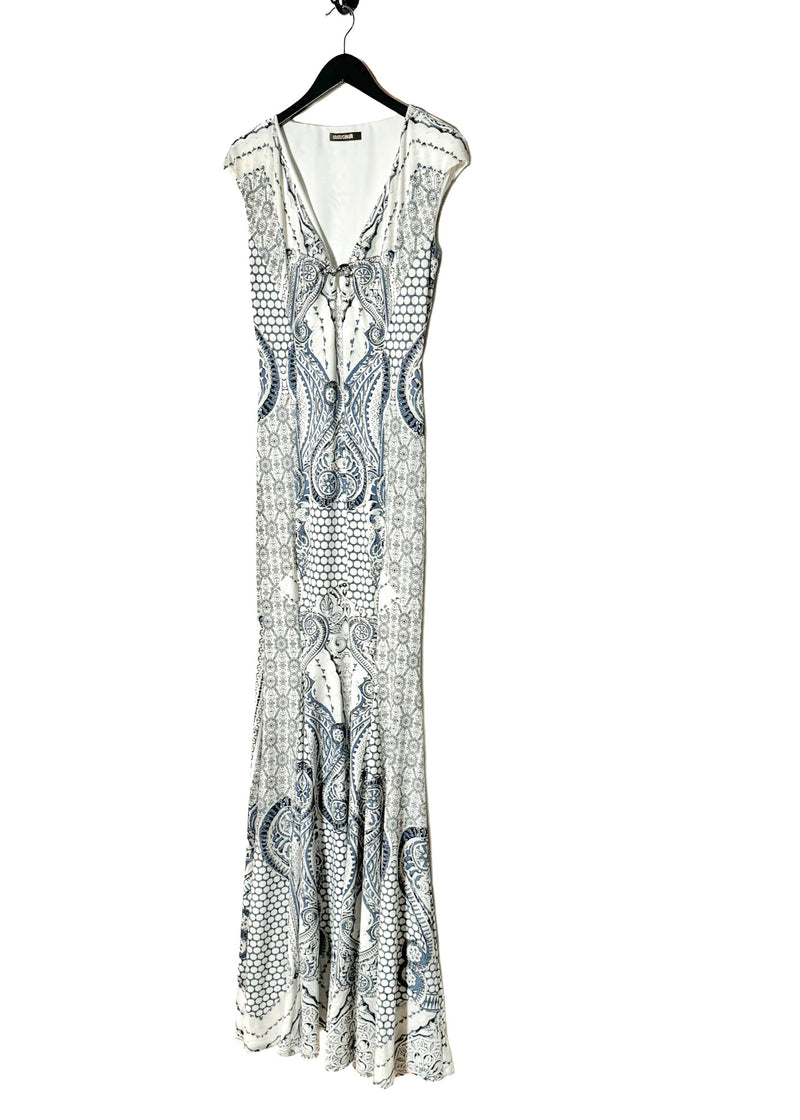 Robe à imprimé graphique blanc et bleu Roberto Cavalli