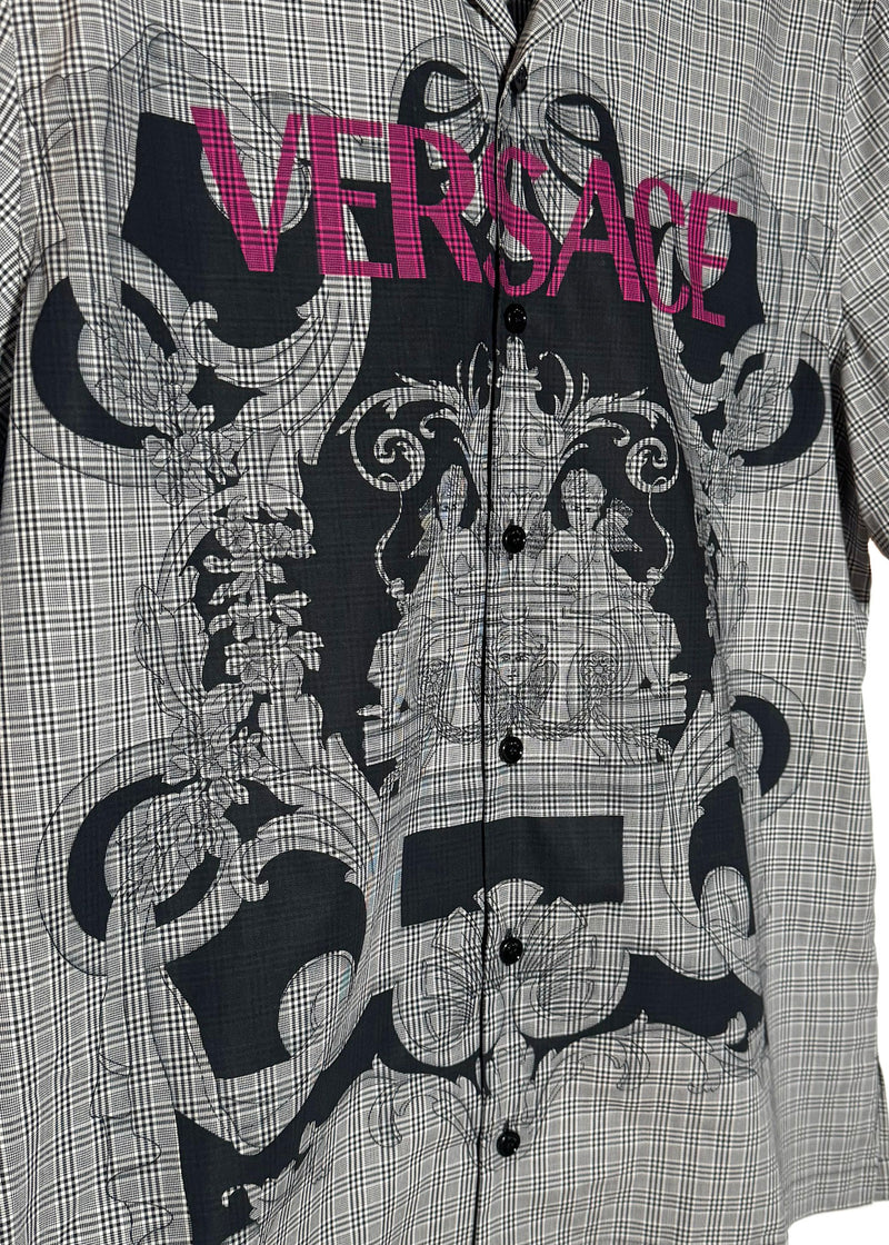 Versace Grey Checkered Logo Print Short Sleeves Shirt