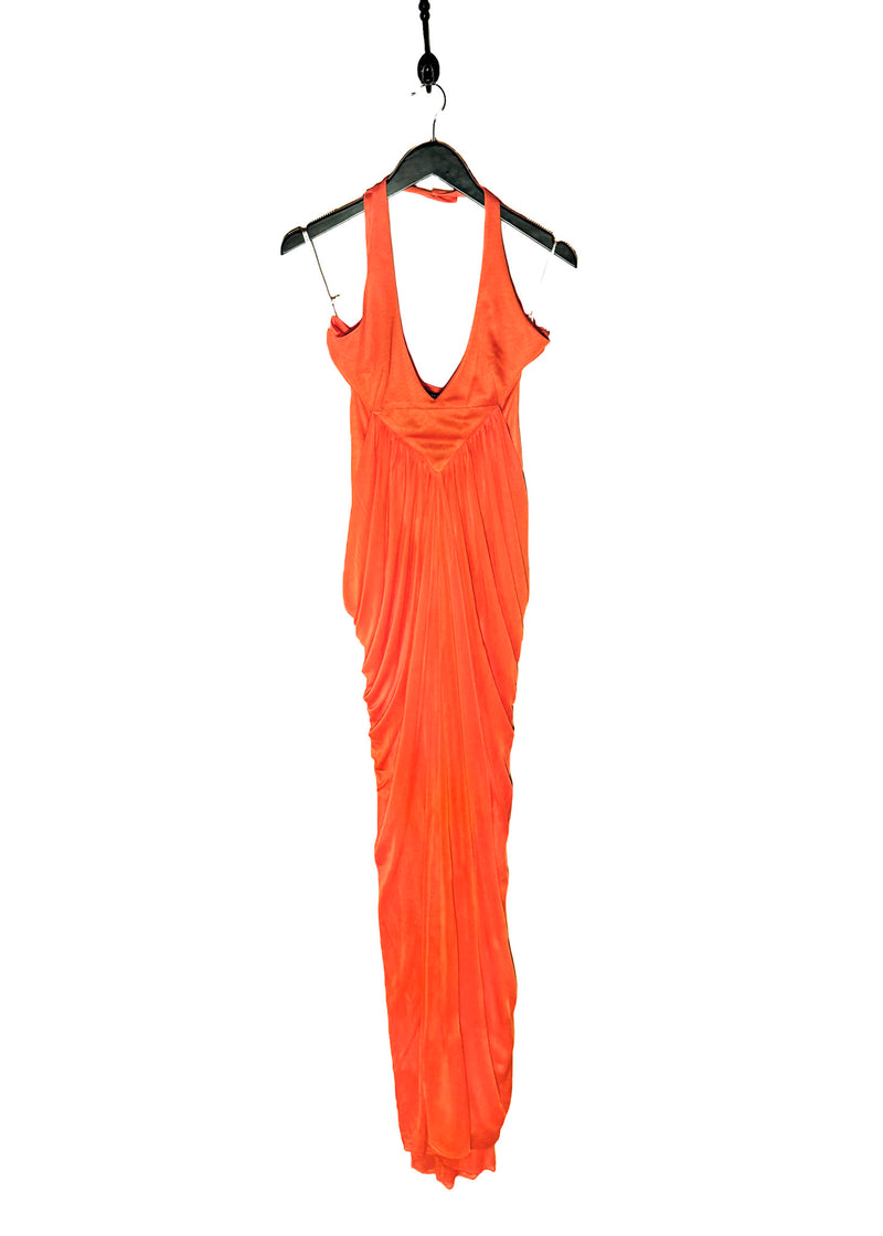 Robe de soirée orange à licou du défilé Versace 2007