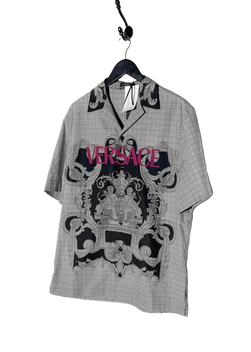 Chemise à manches courtes à imprimé logo à carreaux gris Versace