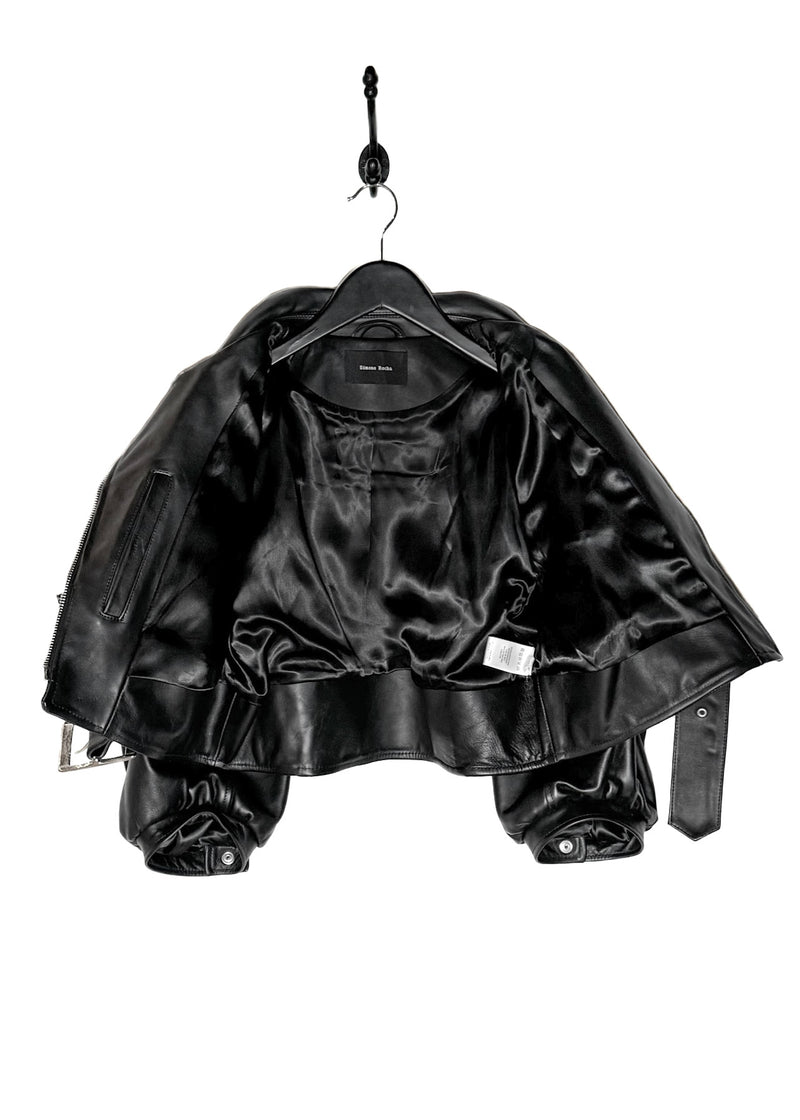 Manteau motard court en cuir de vachette noir Simone Rocha