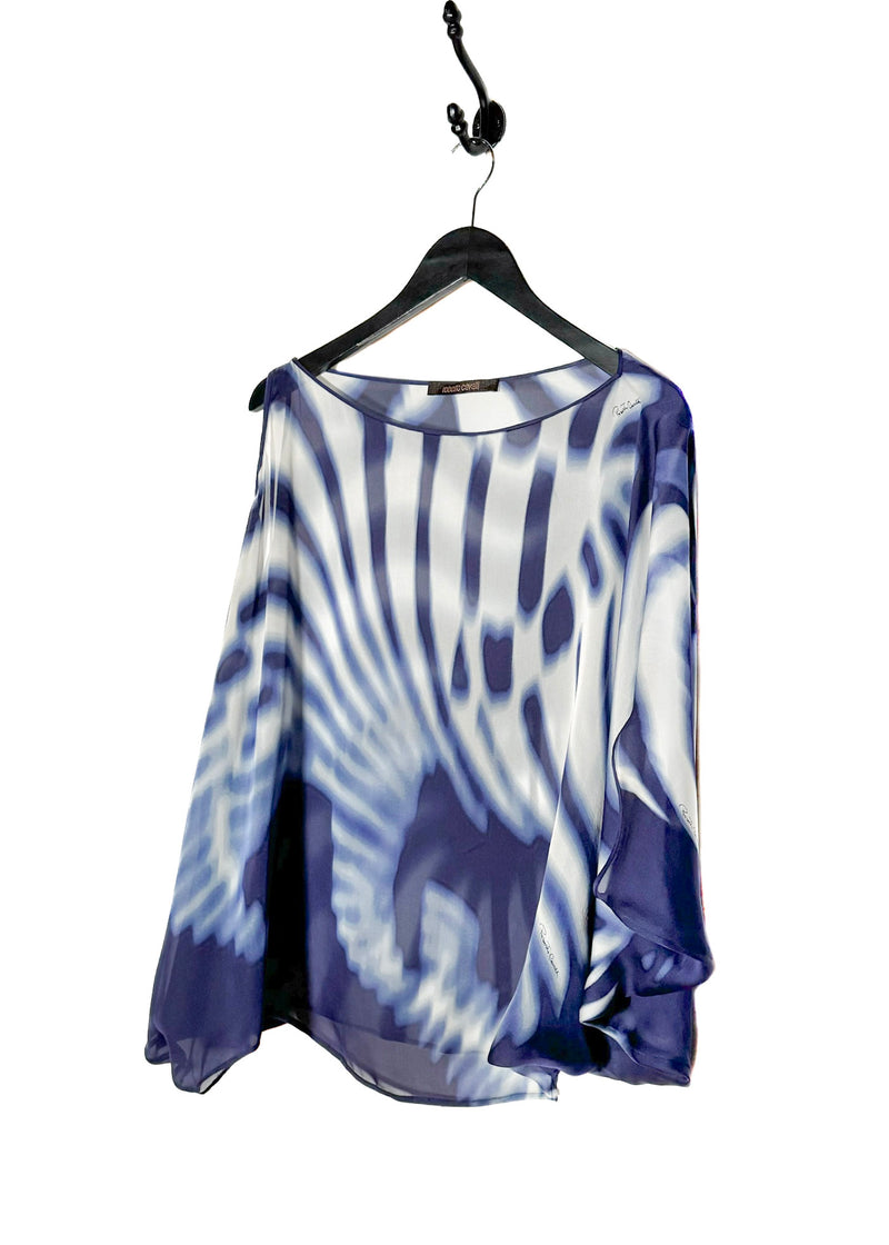 Roberto Cavalli White Blue Tie Dye Kimono Silk Top