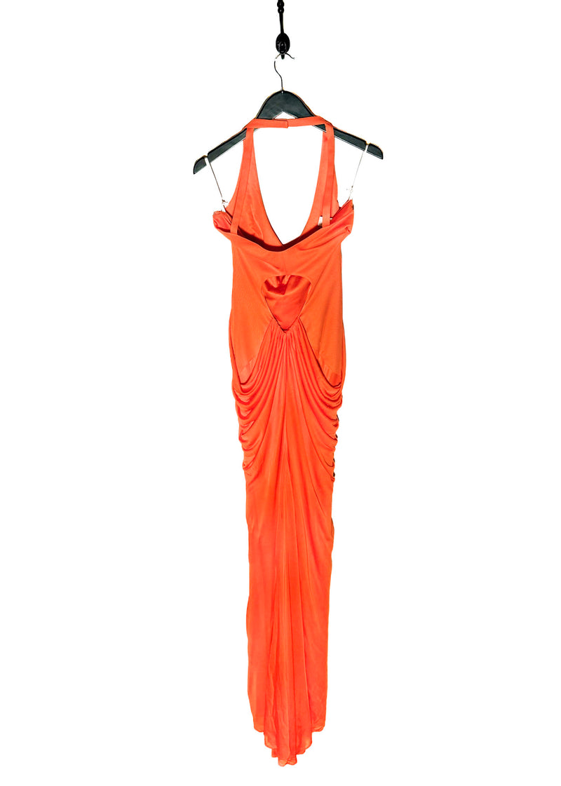 Robe de soirée orange à licou du défilé Versace 2007