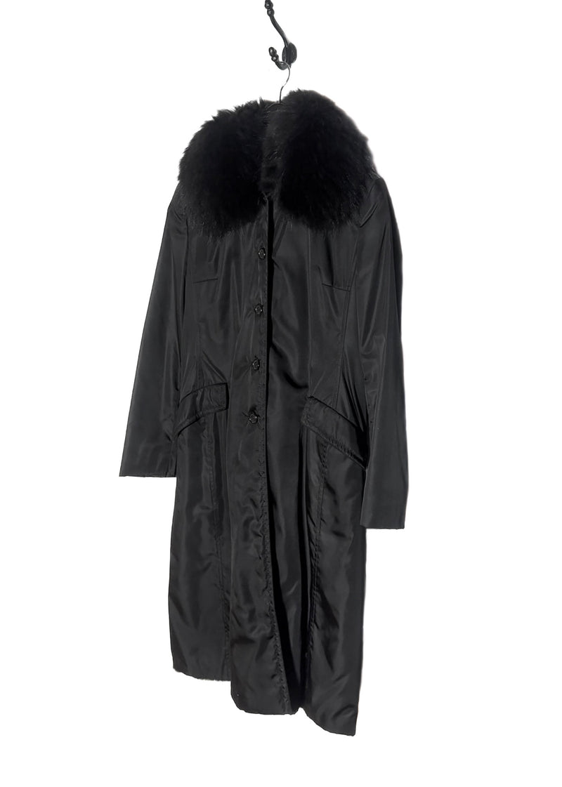 Manteau long doublé de fourrure de belette en nylon noir Prada Vintage des années 90