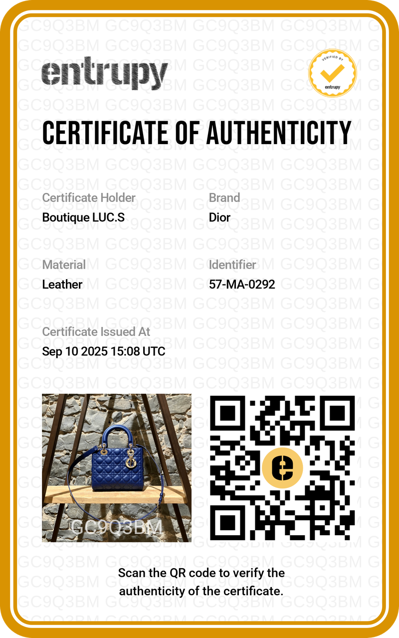 Certificate of Dior 2022 Blue Lambskin Cannage Medium Lady Dior Handbag