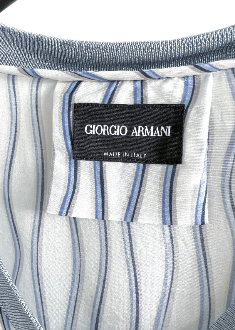 Giorgio Armani White Blue Wave Striped GA Logo Silk Top