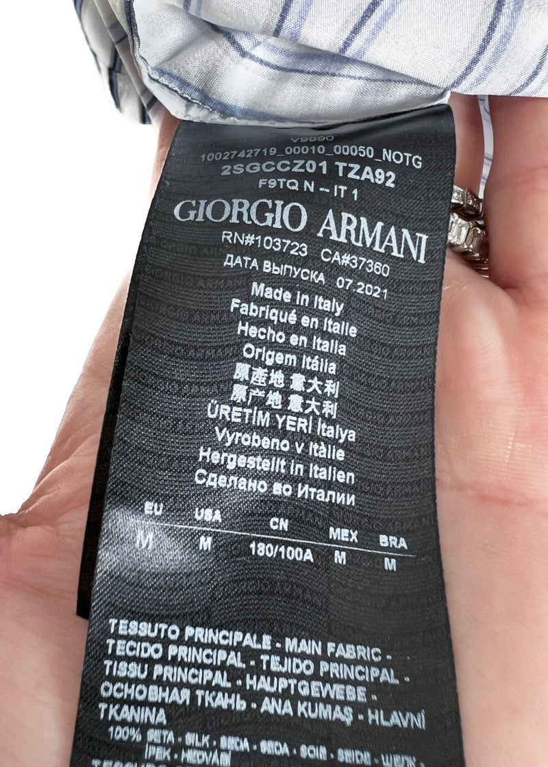 Giorgio Armani White Blue Wave Striped GA Logo Silk Top